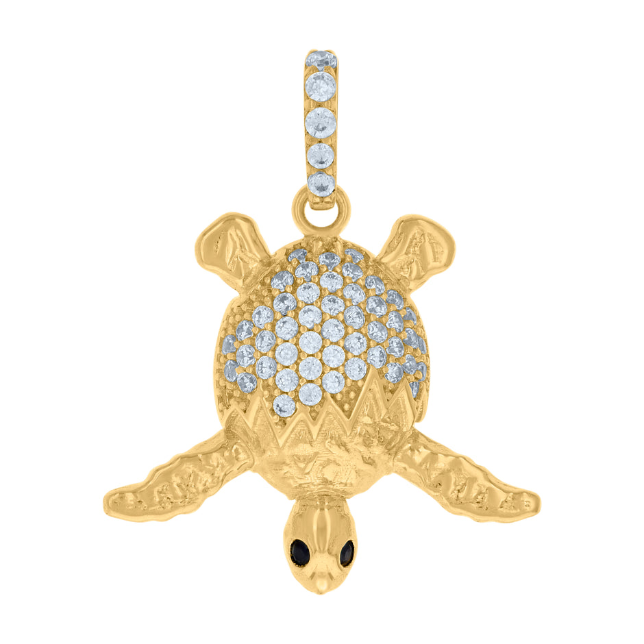 10kt Yellow Gold Womens Black White Cubic-Zirconia Turtle Ocean Charm Pendant