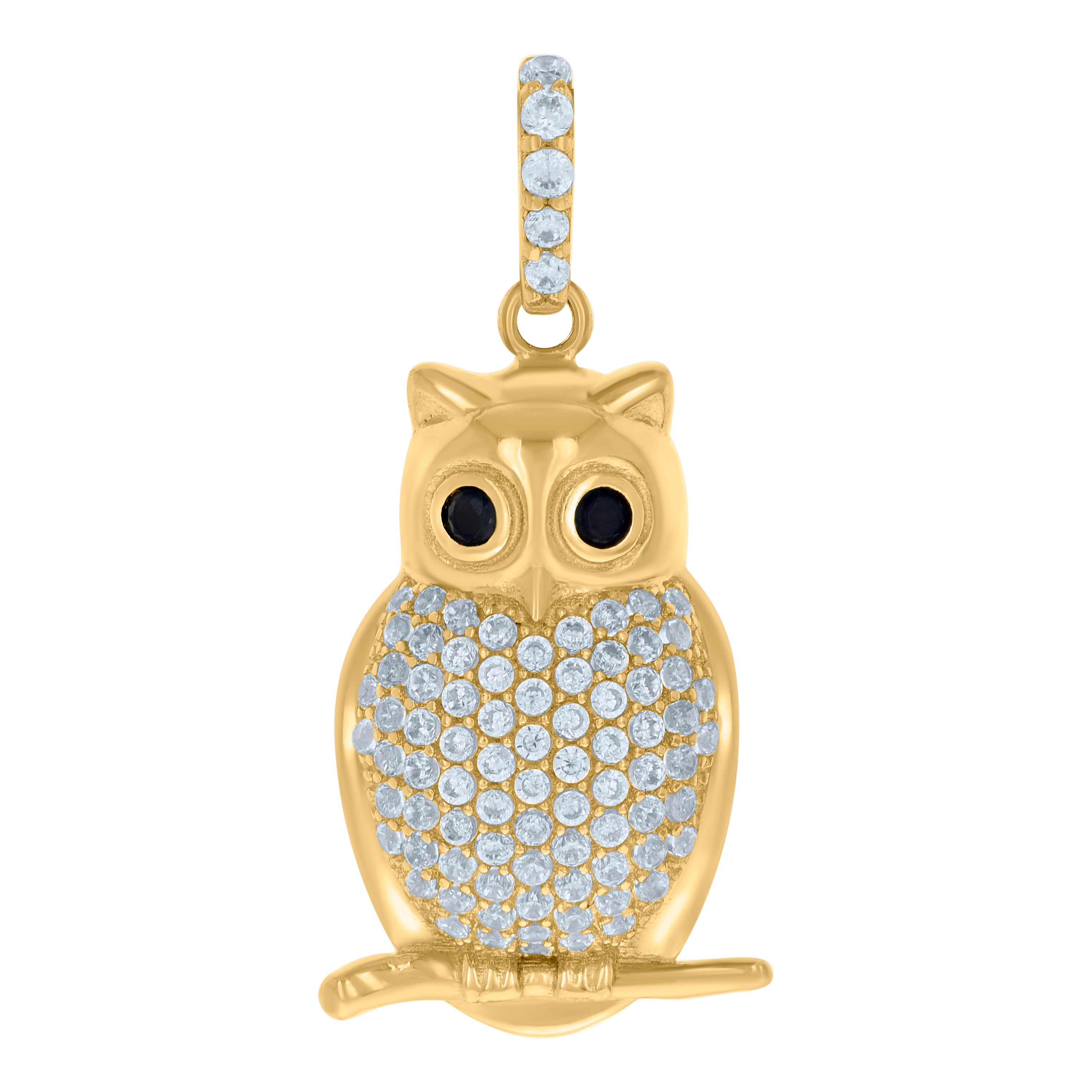 10kt Yellow Gold Unisex Black White Cubic-Zirconia Owl Bird Wildlife Charm Pendant