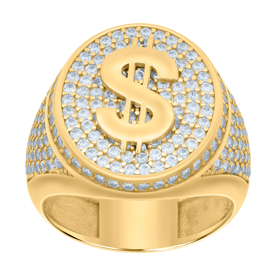 10kt Yellow Gold Mens Cubic-Zirconia Dollar Sign Currency Ring