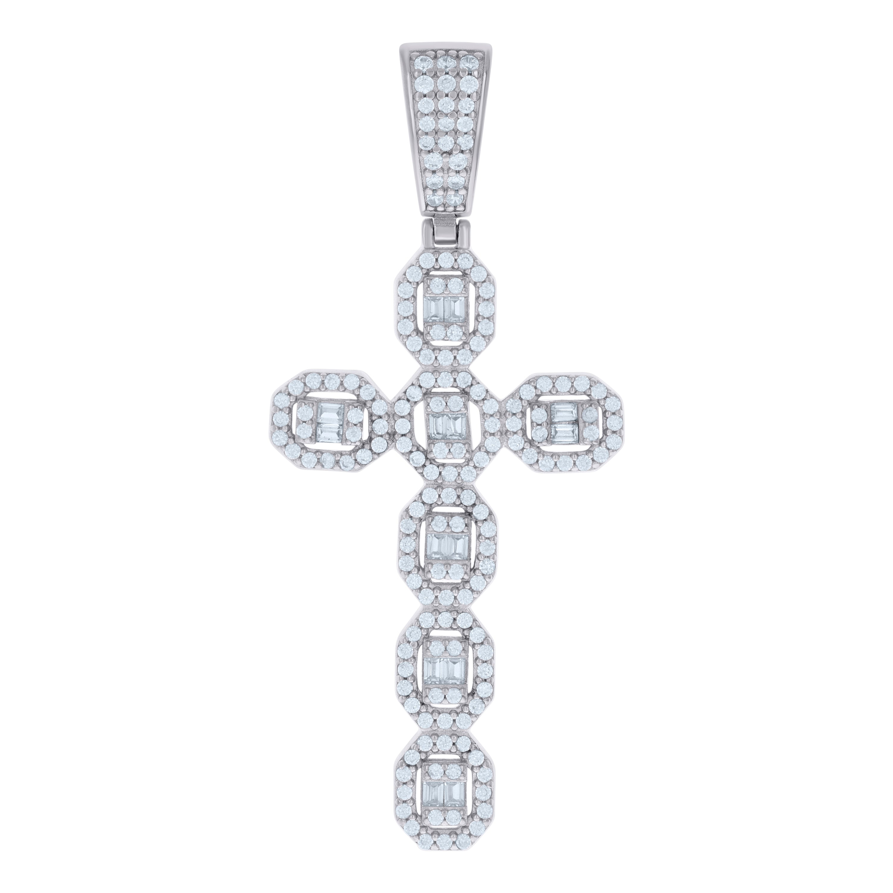 925 Sterling Silver Mens Baguette Round Cubic-Zirconia Cross Religious Charm Pendant