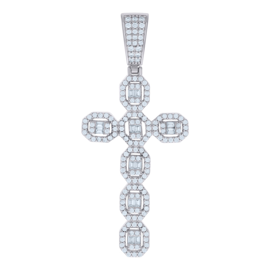 925 Sterling Silver Mens Baguette Round Cubic-Zirconia Cross Religious Charm Pendant