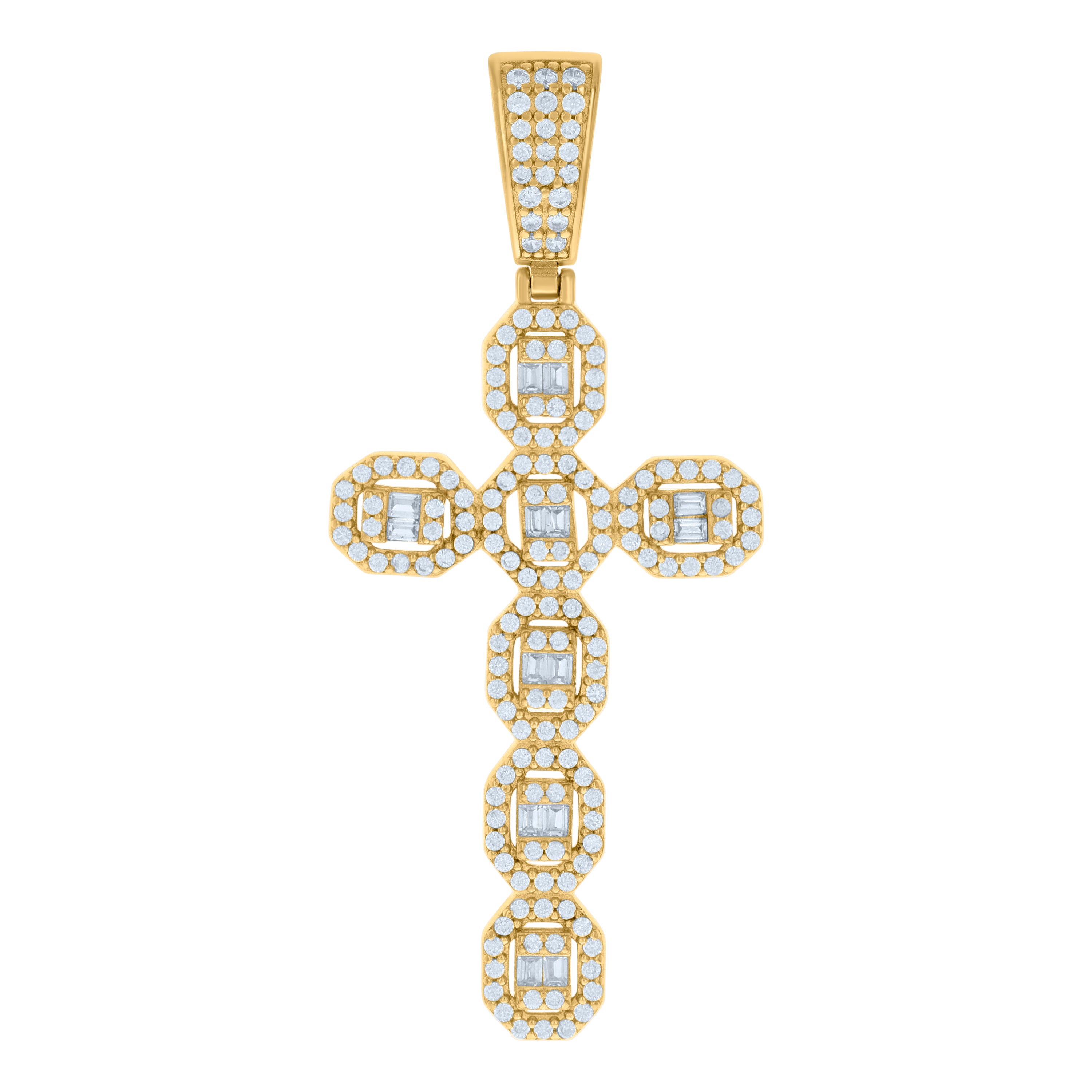 925 Sterling Silver Yellow-tone Mens Baguette Round Cubic-Zirconia Cross Religious Charm Pendant