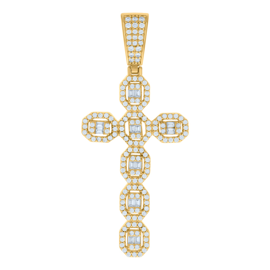 925 Sterling Silver Yellow-tone Mens Baguette Round Cubic-Zirconia Cross Religious Charm Pendant