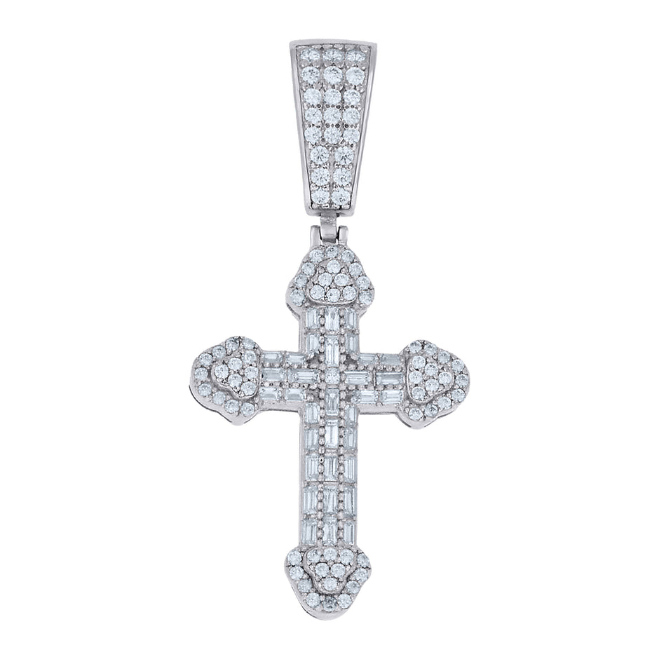 925 Sterling Silver Mens Baguette Round Cubic-Zirconia Cross Religious Charm Pendant