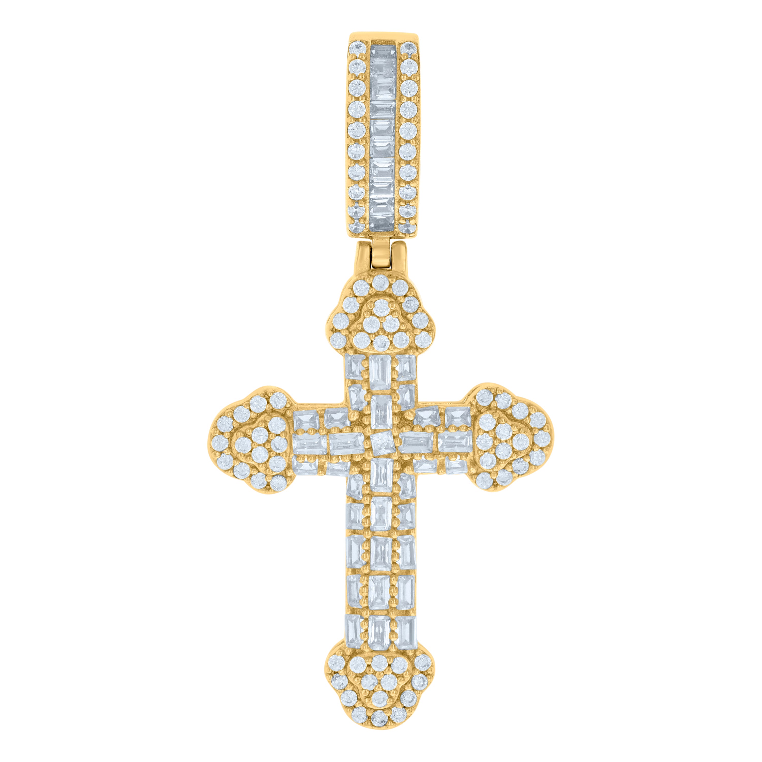 925 Sterling Silver Yellow-tone Mens Baguette Round Cubic-Zirconia Cross Religious Charm Pendant