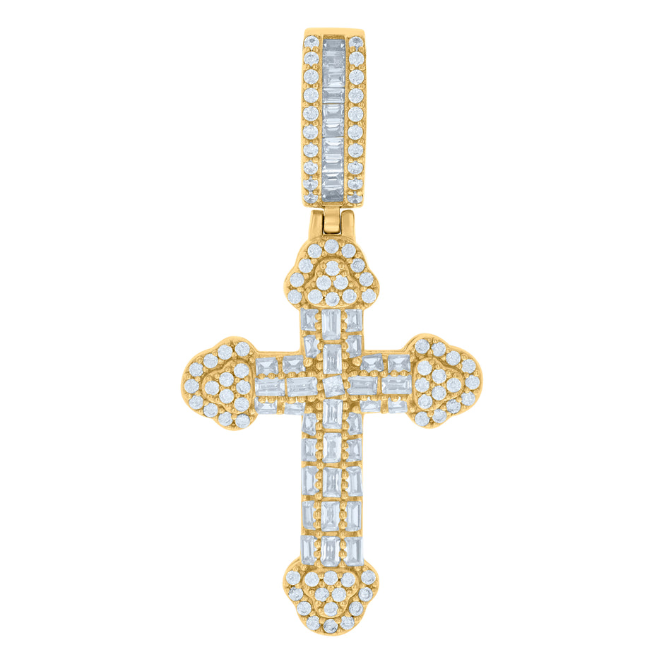 925 Sterling Silver Yellow-tone Mens Baguette Round Cubic-Zirconia Cross Religious Charm Pendant