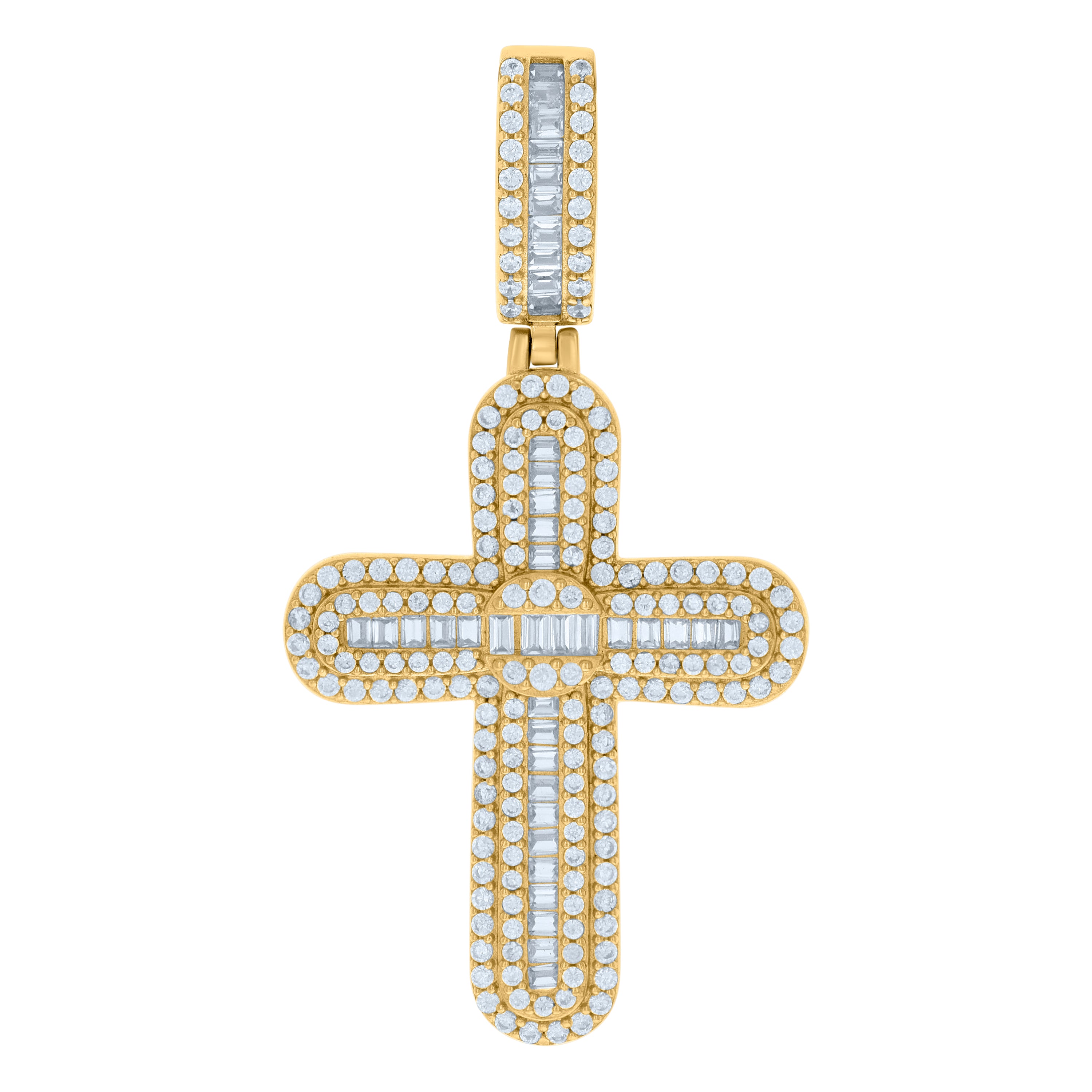 925 Sterling Silver Yellow-tone Mens Baguette Round Cubic-Zirconia Cross Religious Charm Pendant