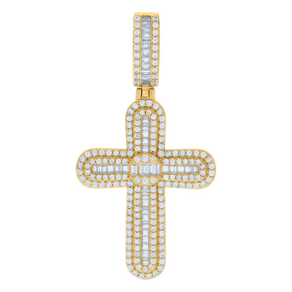 925 Sterling Silver Yellow-tone Mens Baguette Round Cubic-Zirconia Cross Religious Charm Pendant