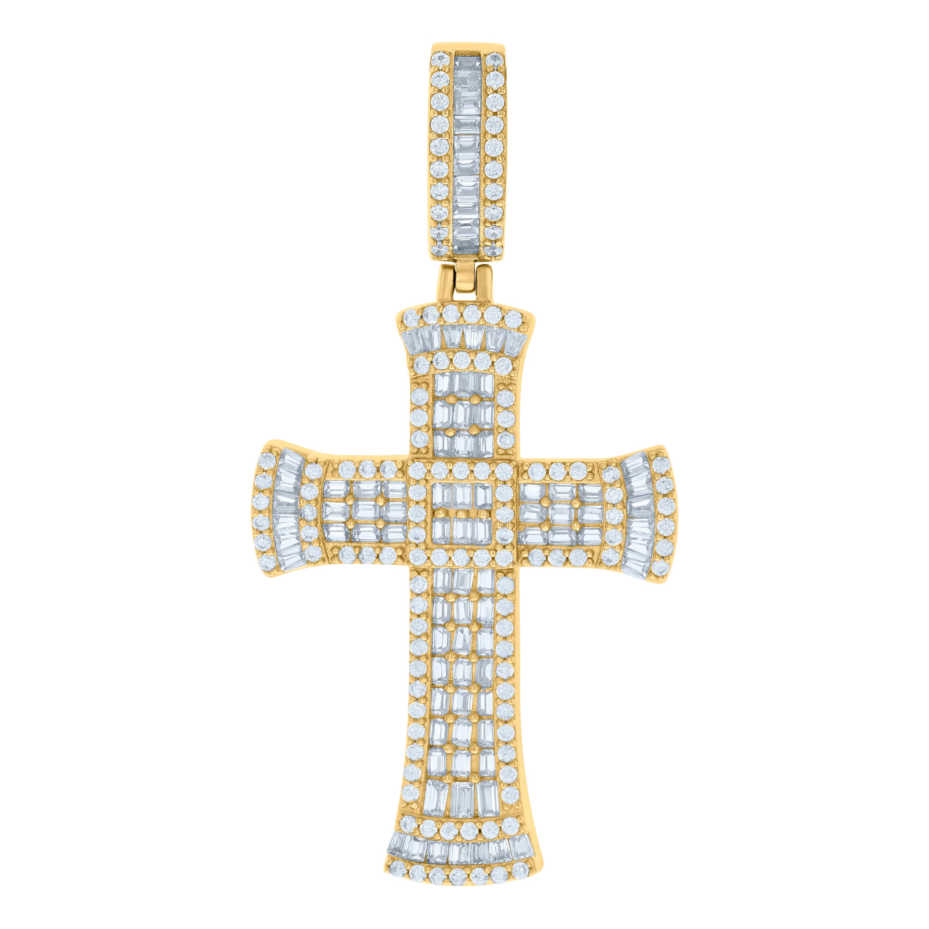 925 Sterling Silver Yellow-tone Mens Baguette Round Cubic-Zirconia Cross Religious Charm Pendant