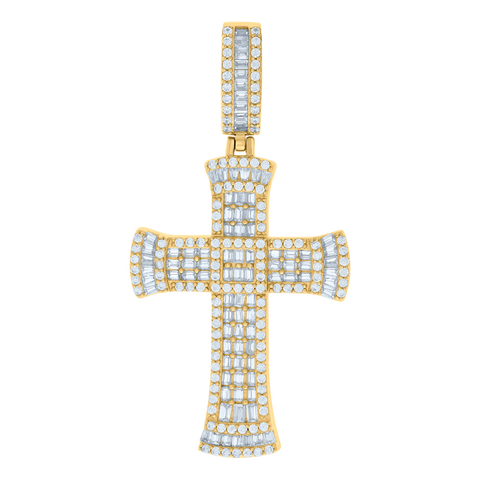 925 Sterling Silver Yellow-tone Mens Baguette Round Cubic-Zirconia Cross Religious Charm Pendant