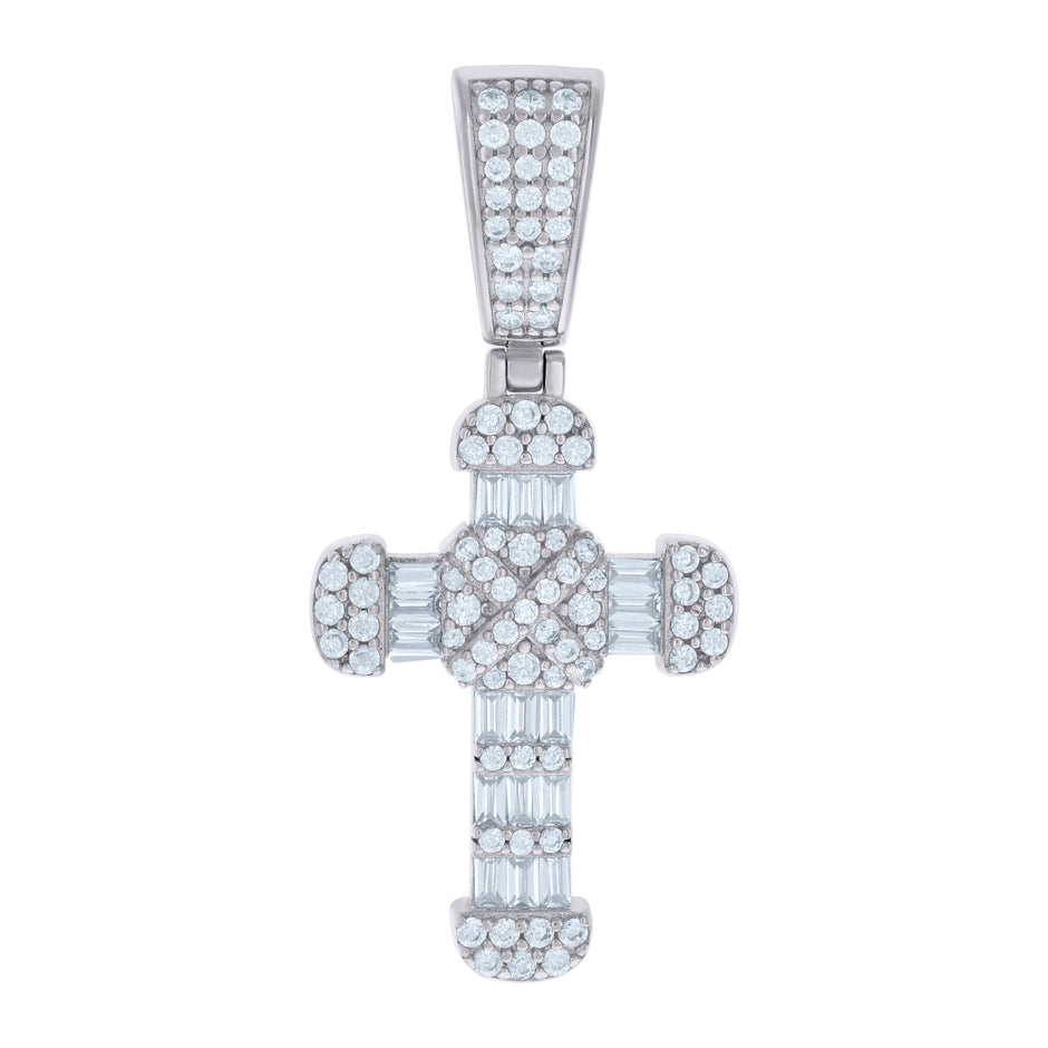 925 Sterling Silver Mens Baguette Round Cubic-Zirconia Cross Religious Charm Pendant