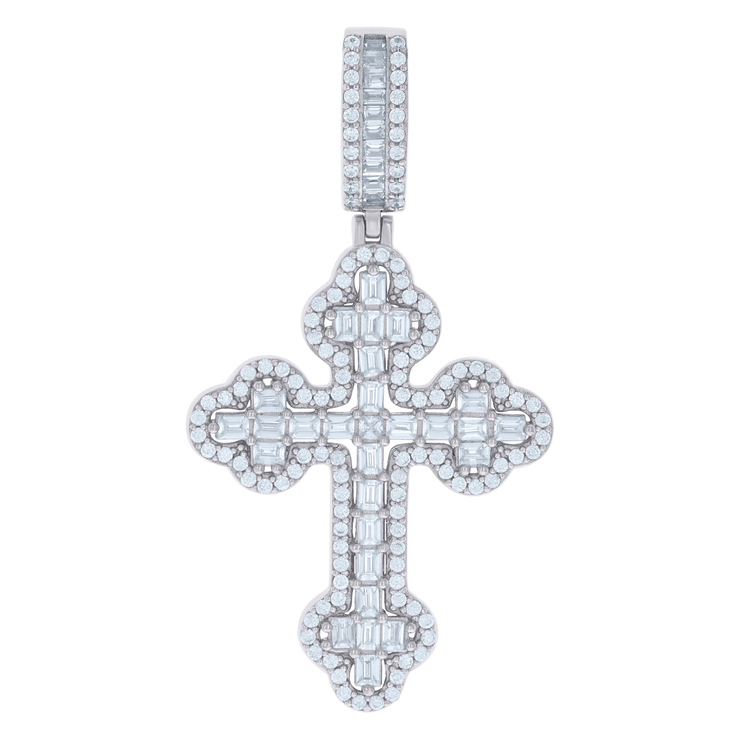 925 Sterling Silver Mens Baguette Round Cubic-Zirconia Cross Religious Charm Pendant