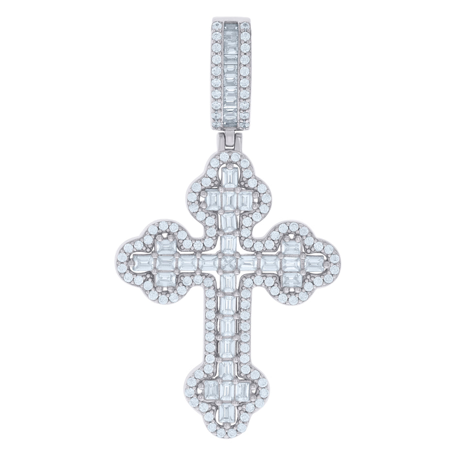 925 Sterling Silver Mens Baguette Round Cubic-Zirconia Cross Religious Charm Pendant
