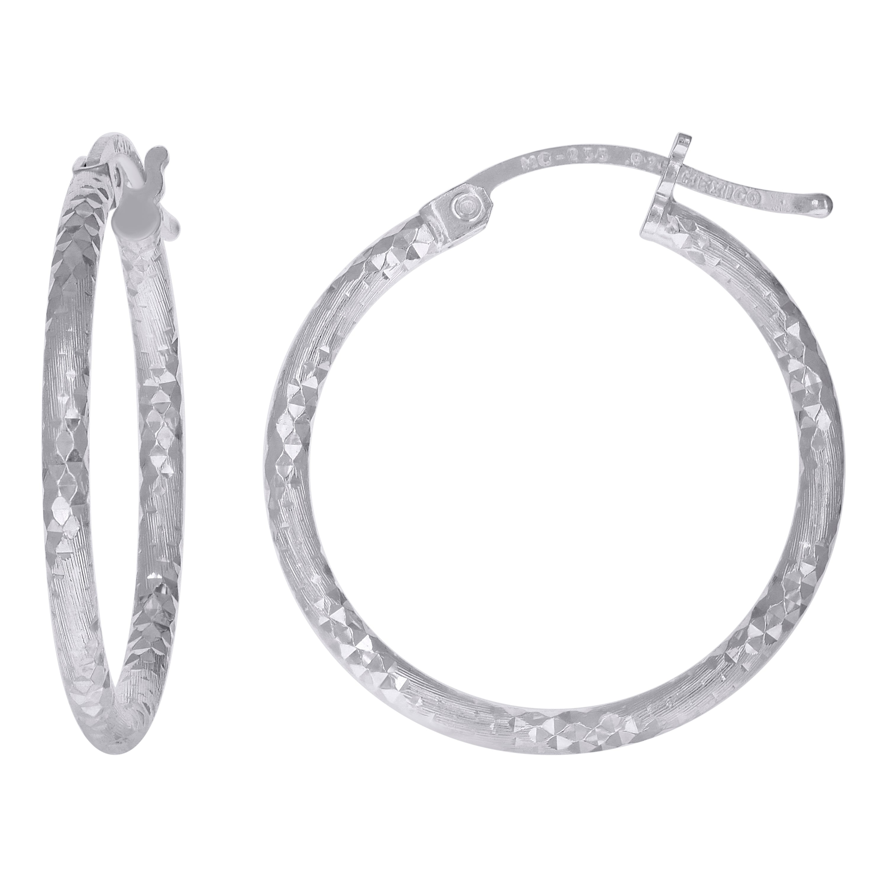 925 Sterling Silver Womens Diamond-cut 2mm x 20mm Hoop Earrings - SLV-120621