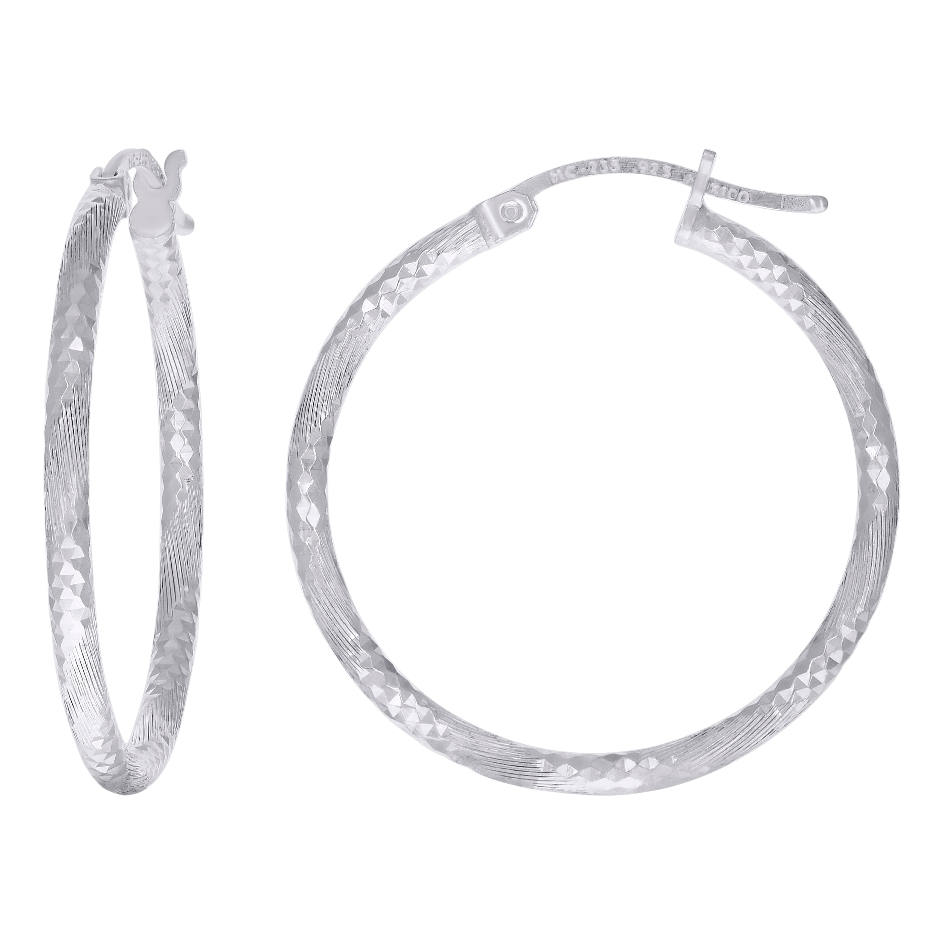 925 Sterling Silver Womens Diamond-cut 2mm x 25mm Hoop Earrings - SLV-120622