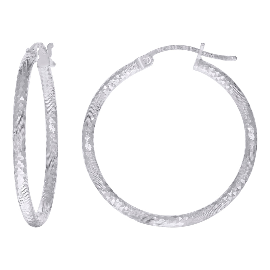 925 Sterling Silver Womens Diamond-cut 2mm x 25mm Hoop Earrings - SLV-120622
