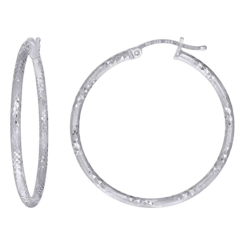 925 Sterling Silver Womens Diamond-cut 2mm x 35mm Hoop Earrings - SLV-120624