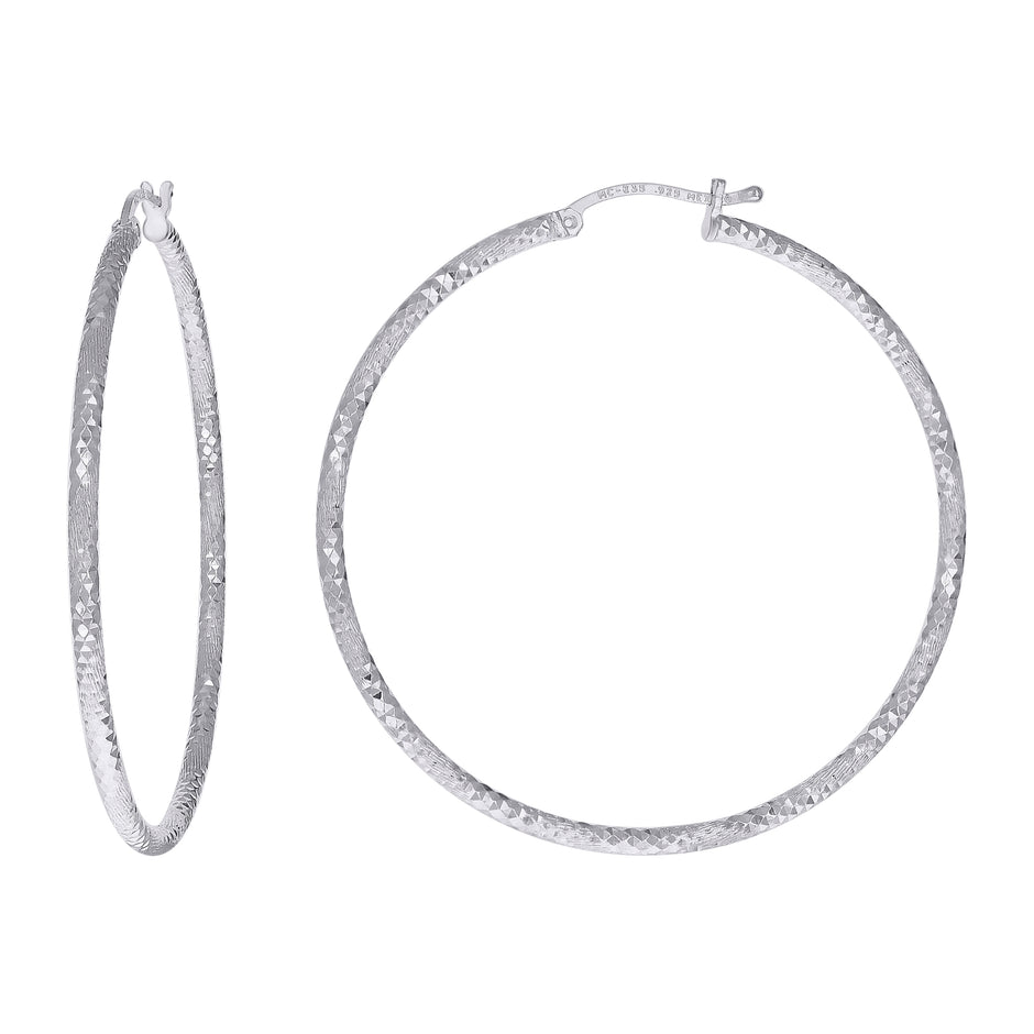 925 Sterling Silver Womens Diamond-cut 2mm x 45mm Hoop Earrings - SLV-120626