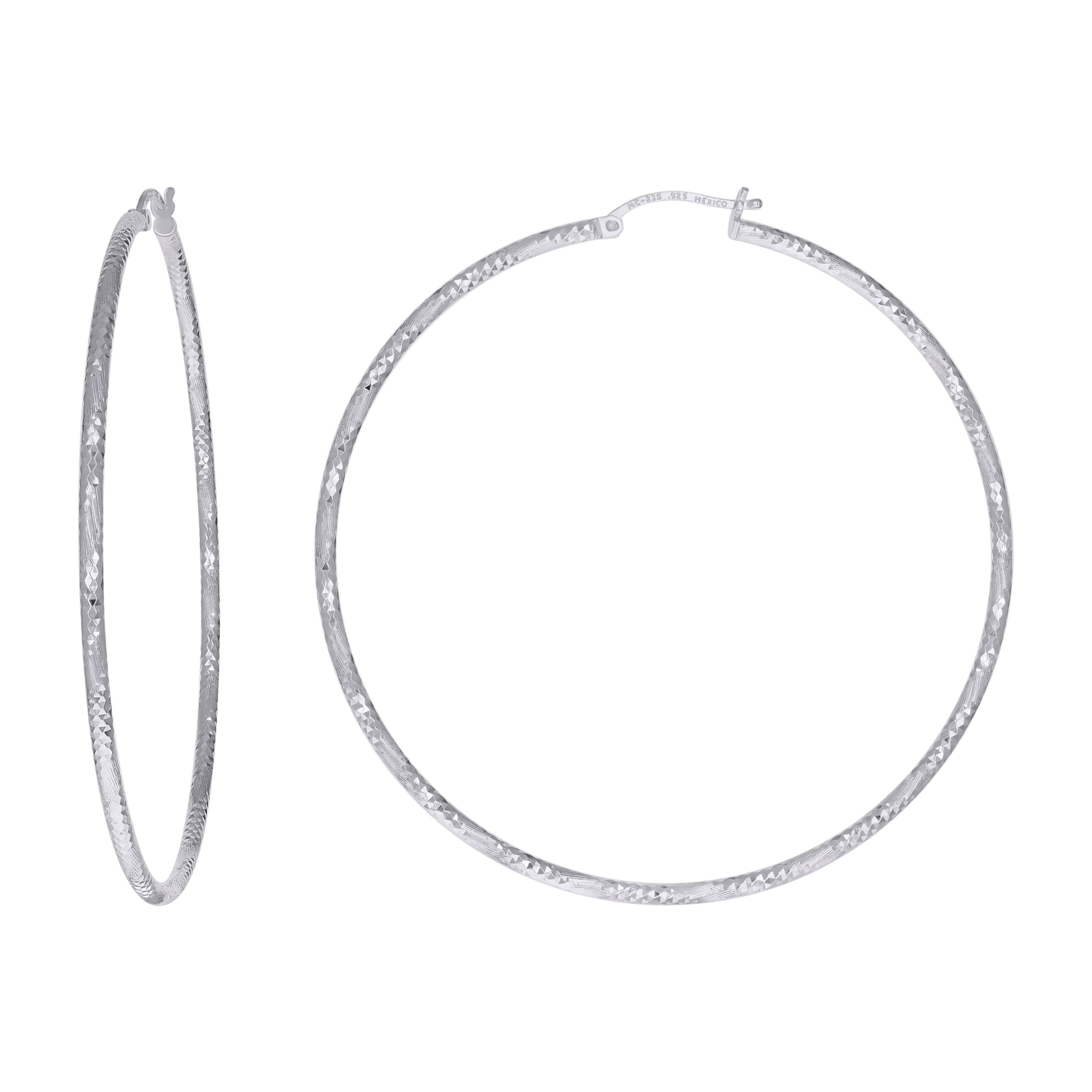 925 Sterling Silver Womens Diamond-cut 2mm x 60mm Hoop Earrings - SLV-120629