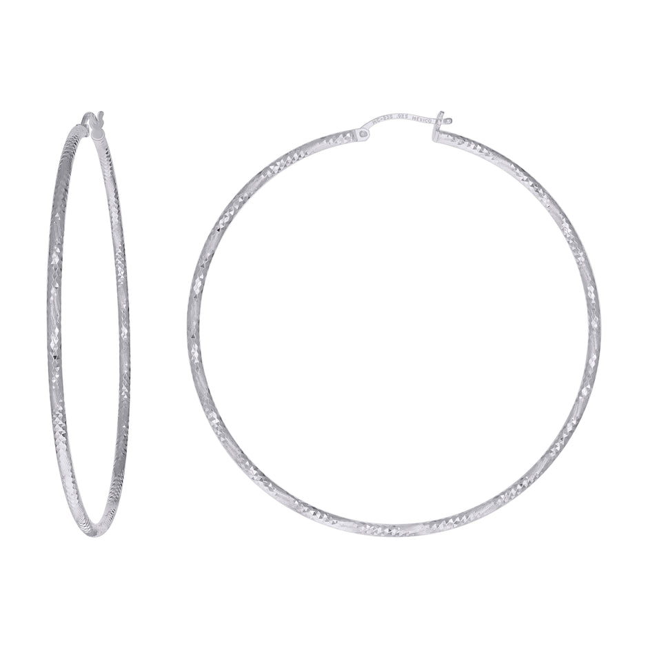 925 Sterling Silver Womens Diamond-cut 2mm x 60mm Hoop Earrings - SLV-120629