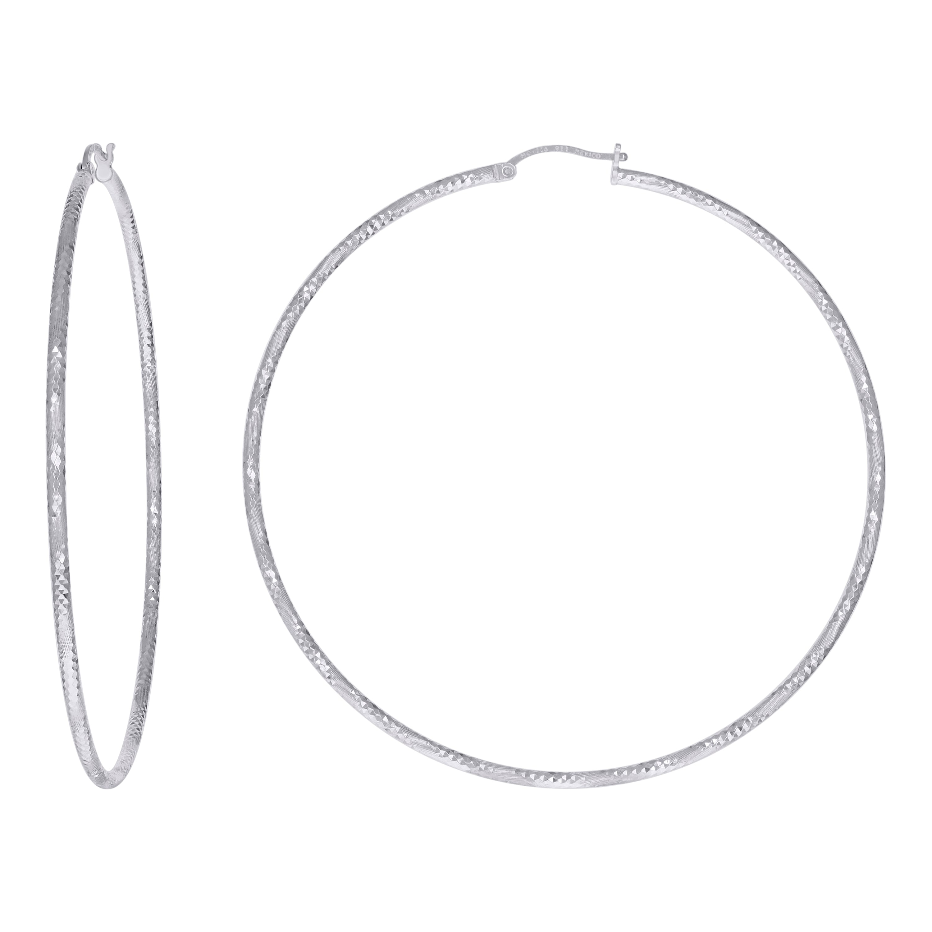 925 Sterling Silver Womens Diamond-cut 2mm x 75mm Hoop Earrings
