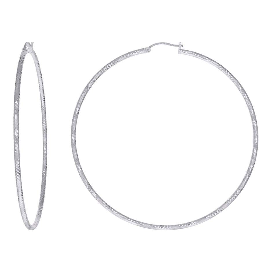 925 Sterling Silver Womens Diamond-cut 2mm x 75mm Hoop Earrings