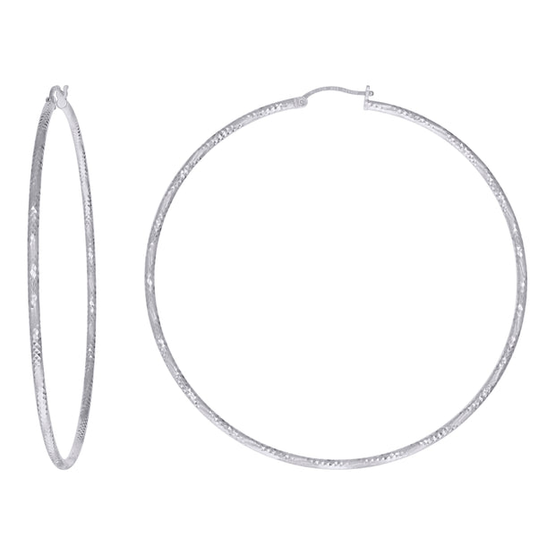 925 Sterling Silver Womens Diamond-cut 2mm x 75mm Hoop Earrings
