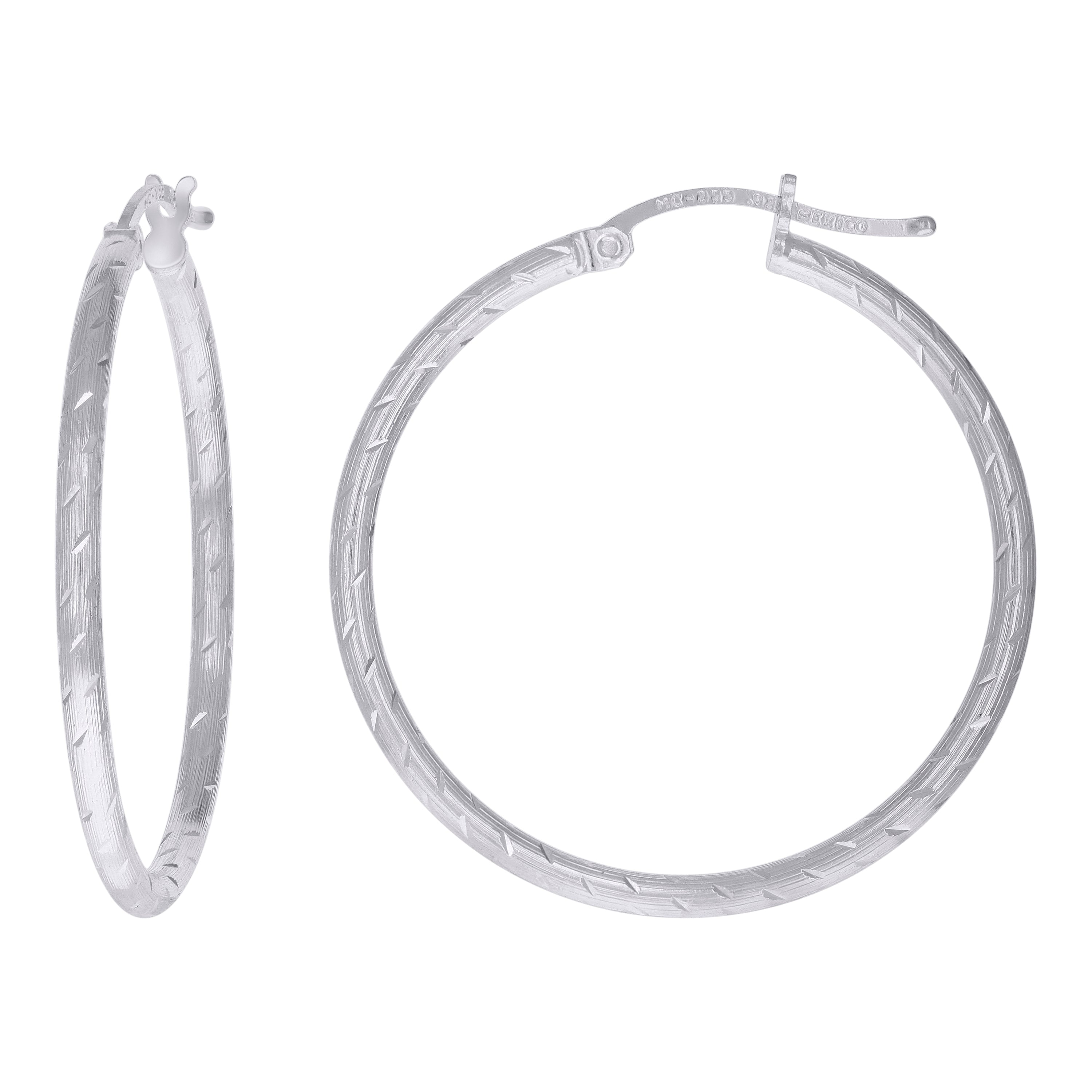 925 Sterling Silver Womens Diamond-cut 2mm x 30mm Hoop Earrings - SLV-120638