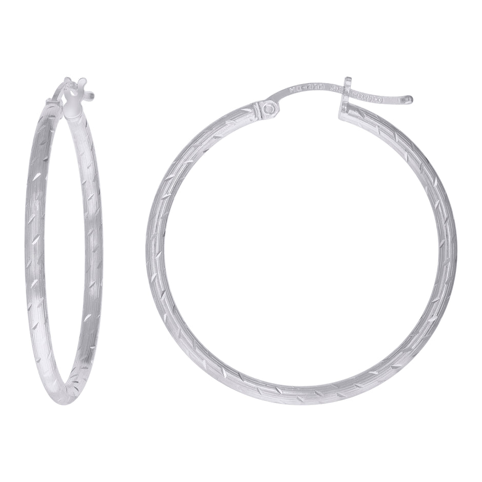 925 Sterling Silver Womens Diamond-cut 2mm x 30mm Hoop Earrings - SLV-120638