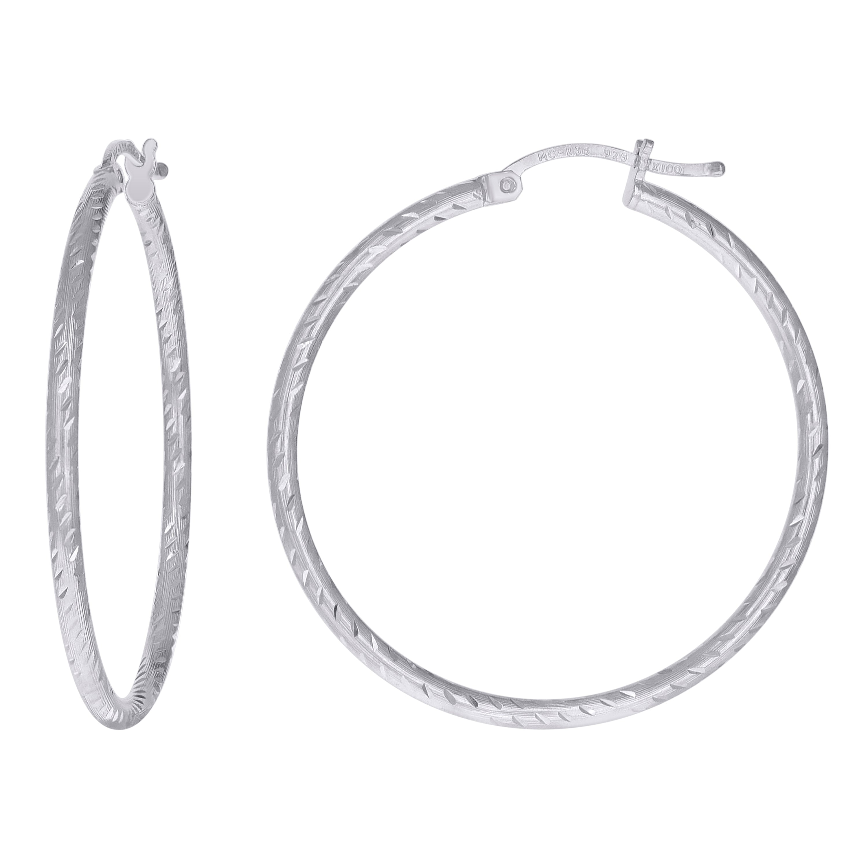 925 Sterling Silver Womens Diamond-cut 2mm x 35mm Hoop Earrings - SLV-120639