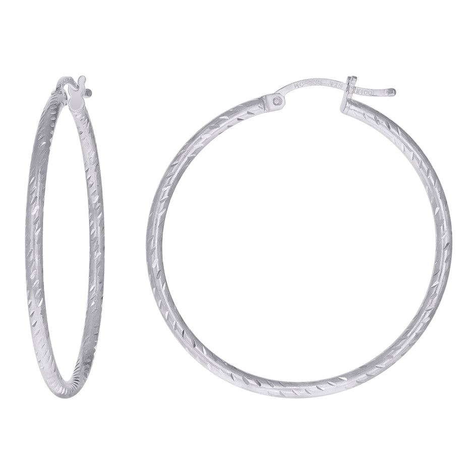 925 Sterling Silver Womens Diamond-cut 2mm x 35mm Hoop Earrings - SLV-120639