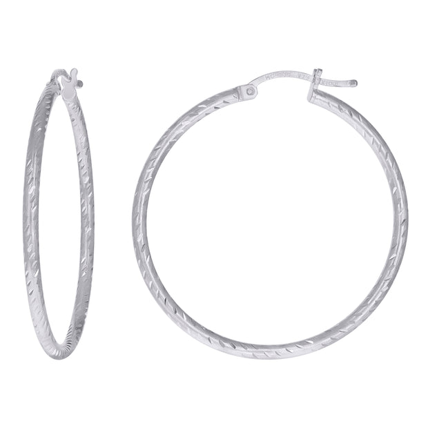 925 Sterling Silver Womens Diamond-cut 2mm x 35mm Hoop Earrings - SLV-120639
