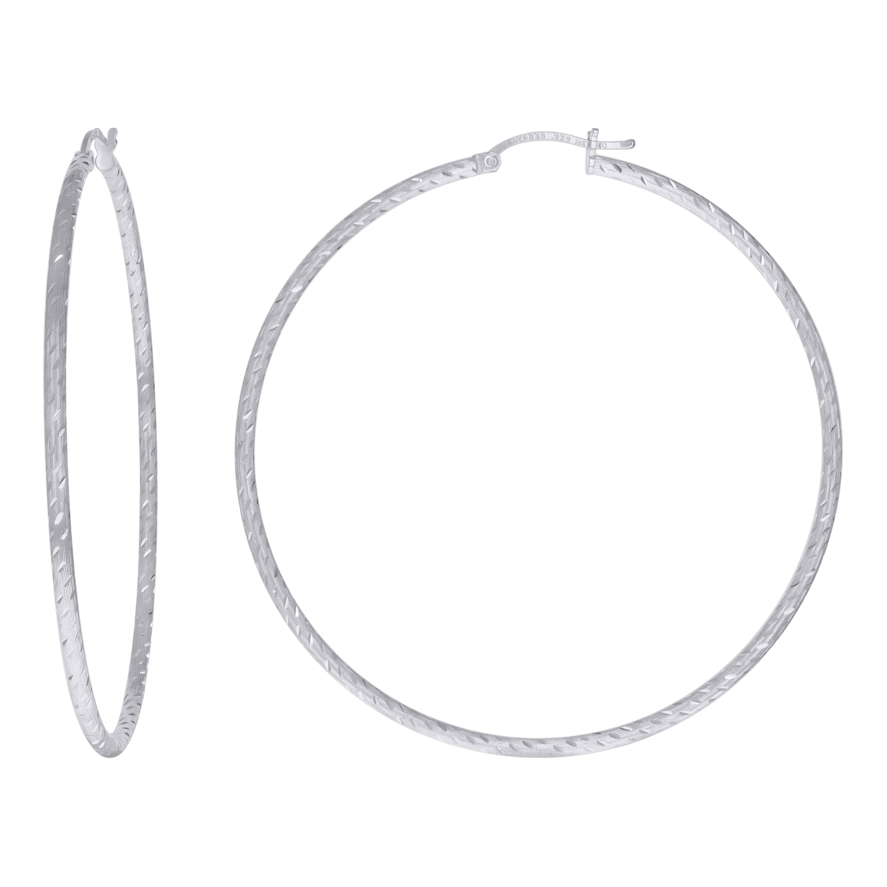925 Sterling Silver Womens Diamond-cut 2mm x 60mm Hoop Earrings - SLV-120644