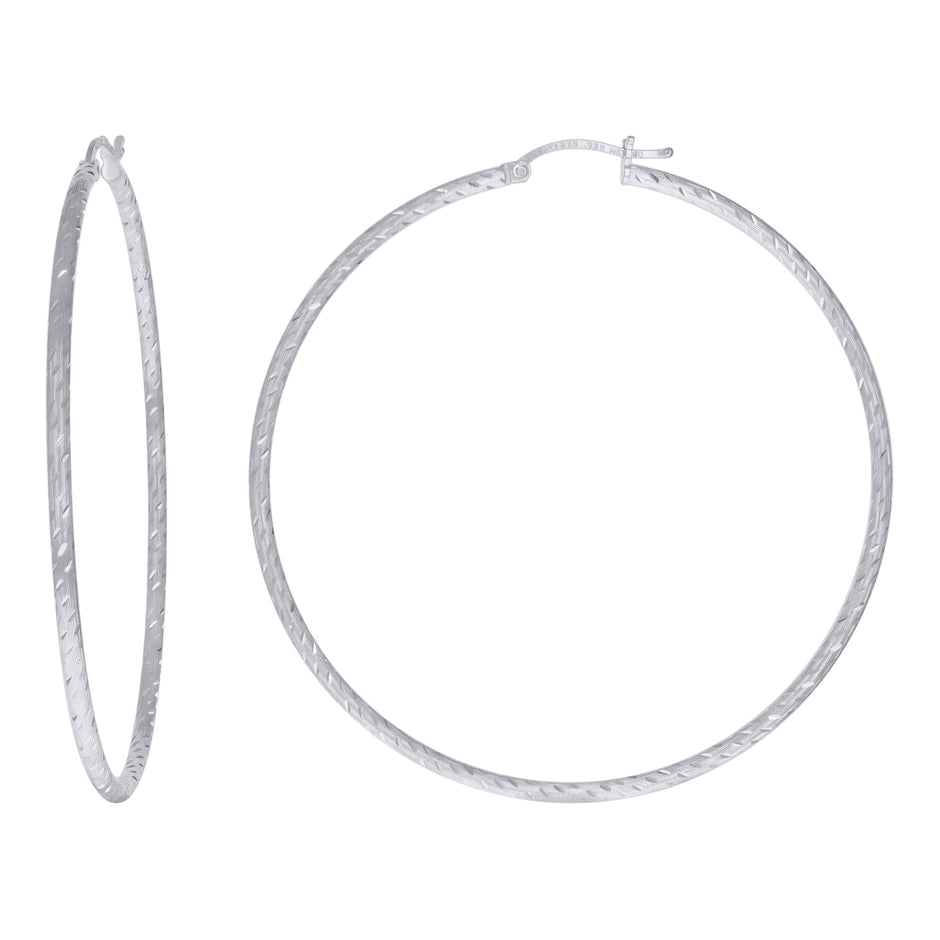925 Sterling Silver Womens Diamond-cut 2mm x 60mm Hoop Earrings - SLV-120644