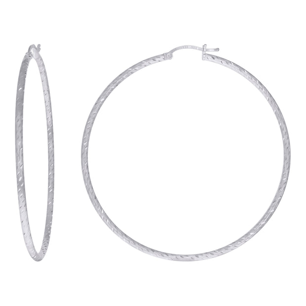 925 Sterling Silver Womens Diamond-cut 2mm x 60mm Hoop Earrings - SLV-120644