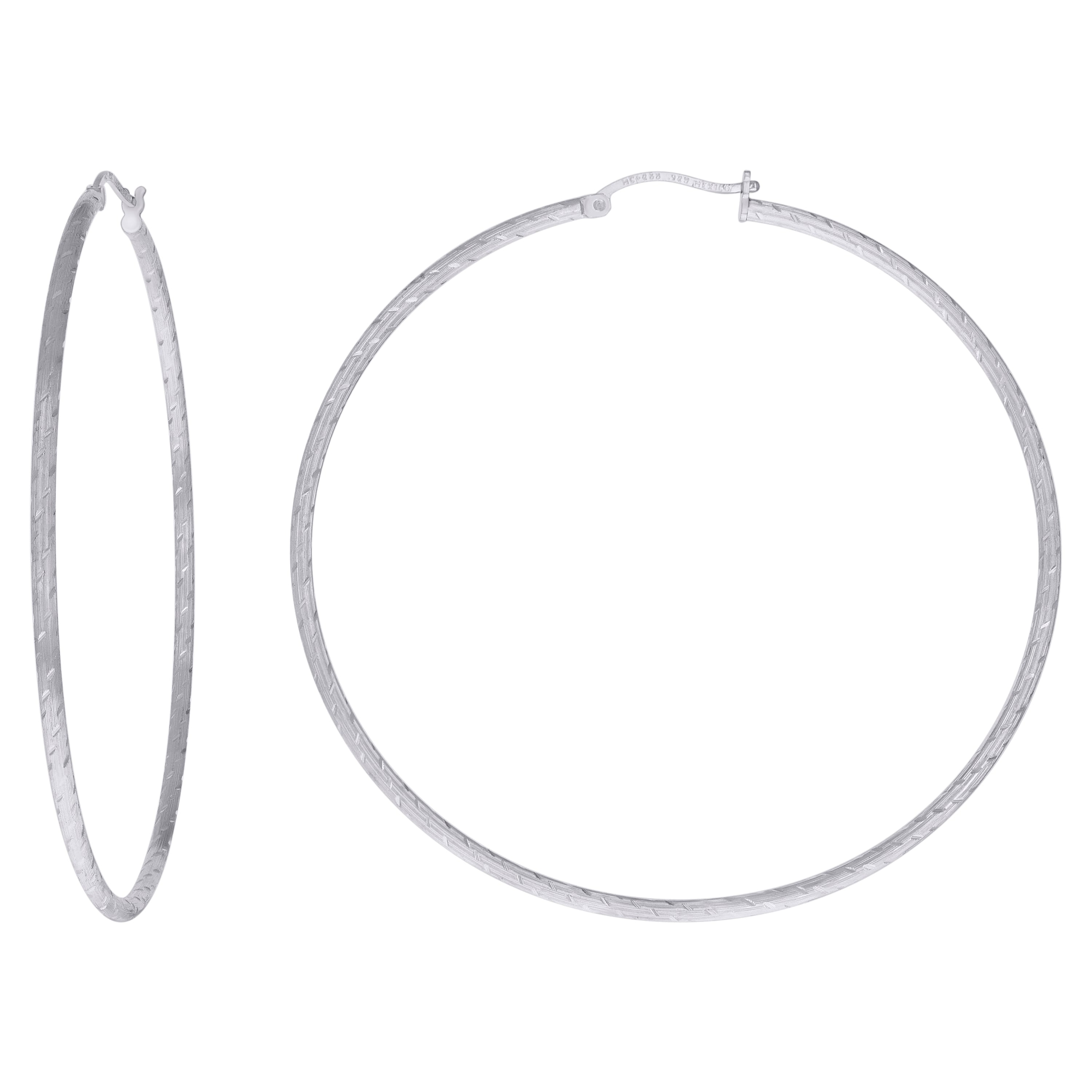 925 Sterling Silver Womens Diamond-cut 2mm x 65mm Hoop Earrings - SLV-120645