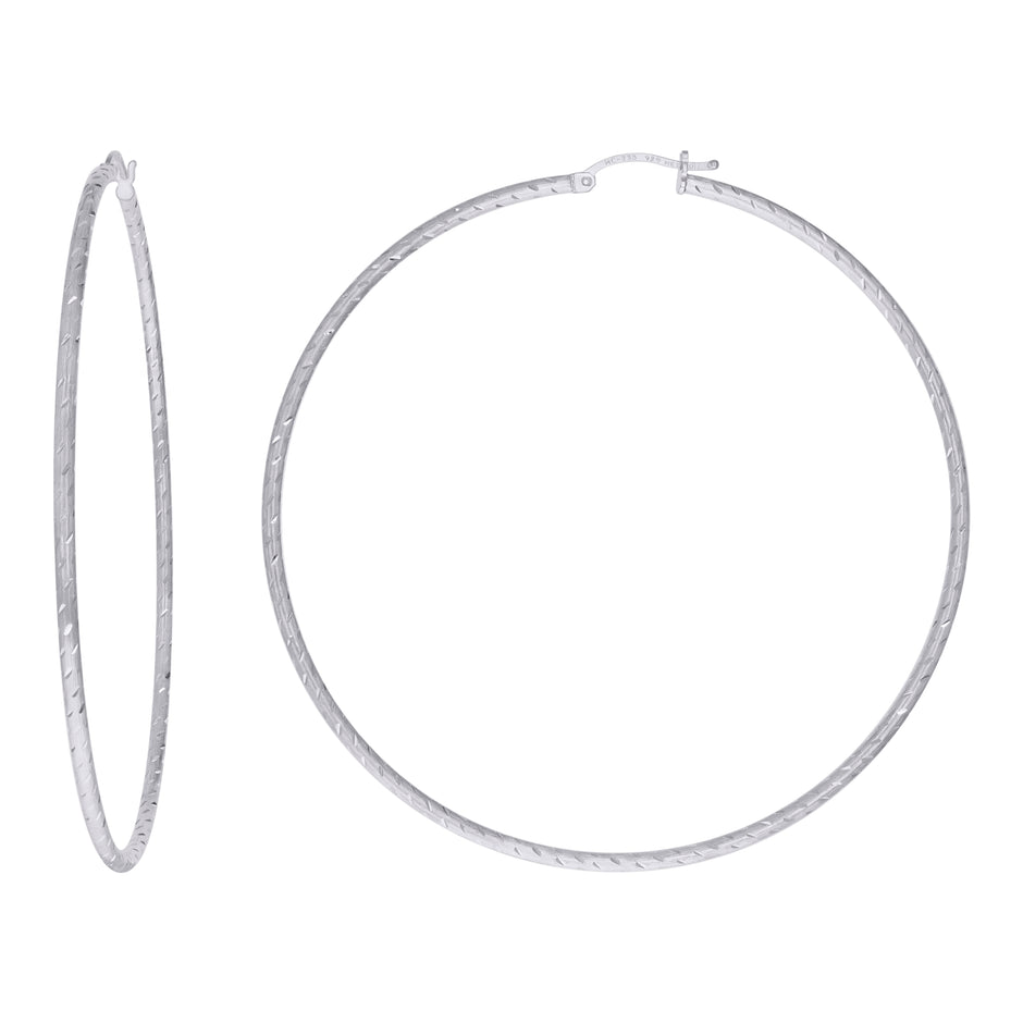 925 Sterling Silver Womens Diamond-cut 2mm x 70mm Hoop Earrings