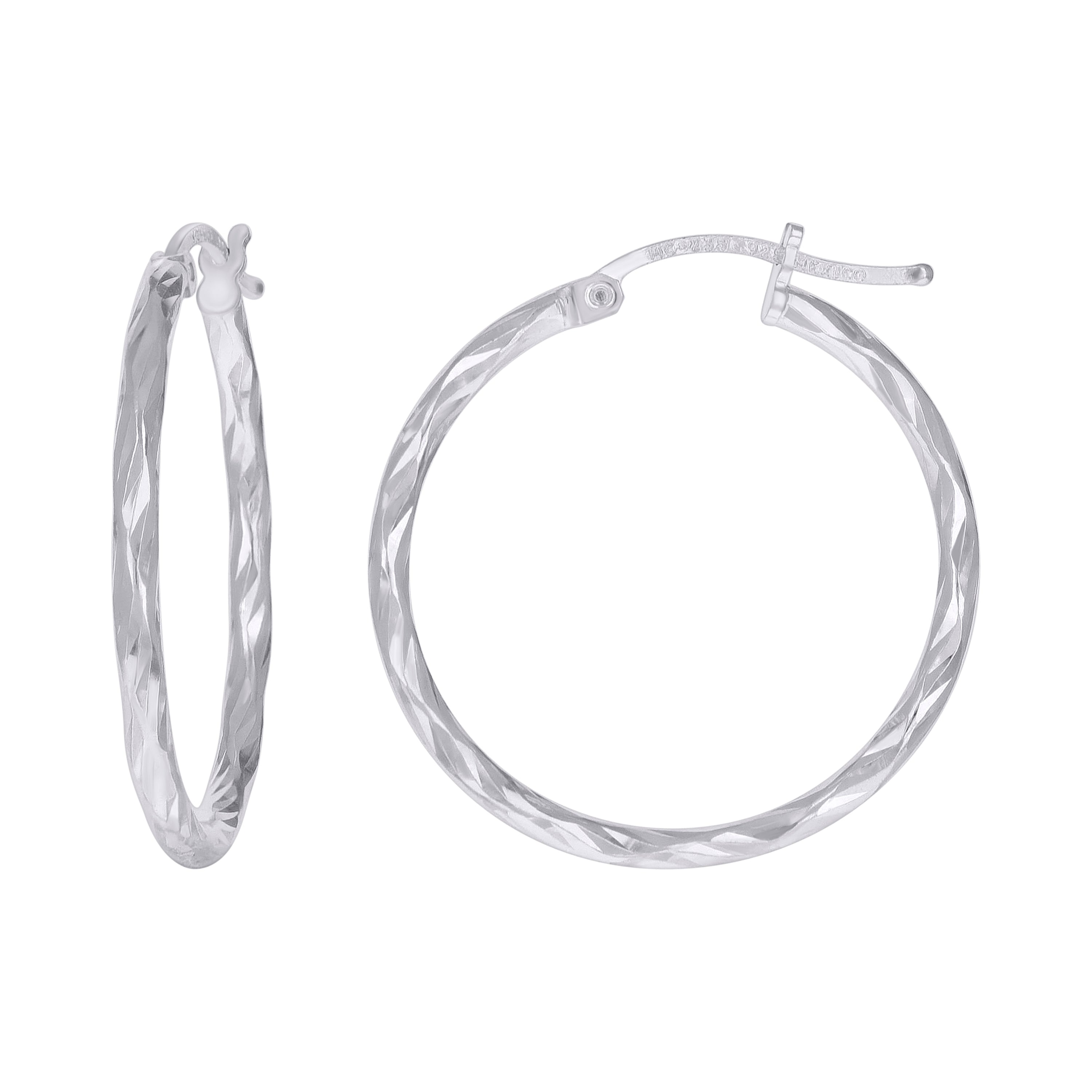 925 Sterling Silver Womens Diamond-cut 2mm x 12mm Hoop Earrings - SLV-120649