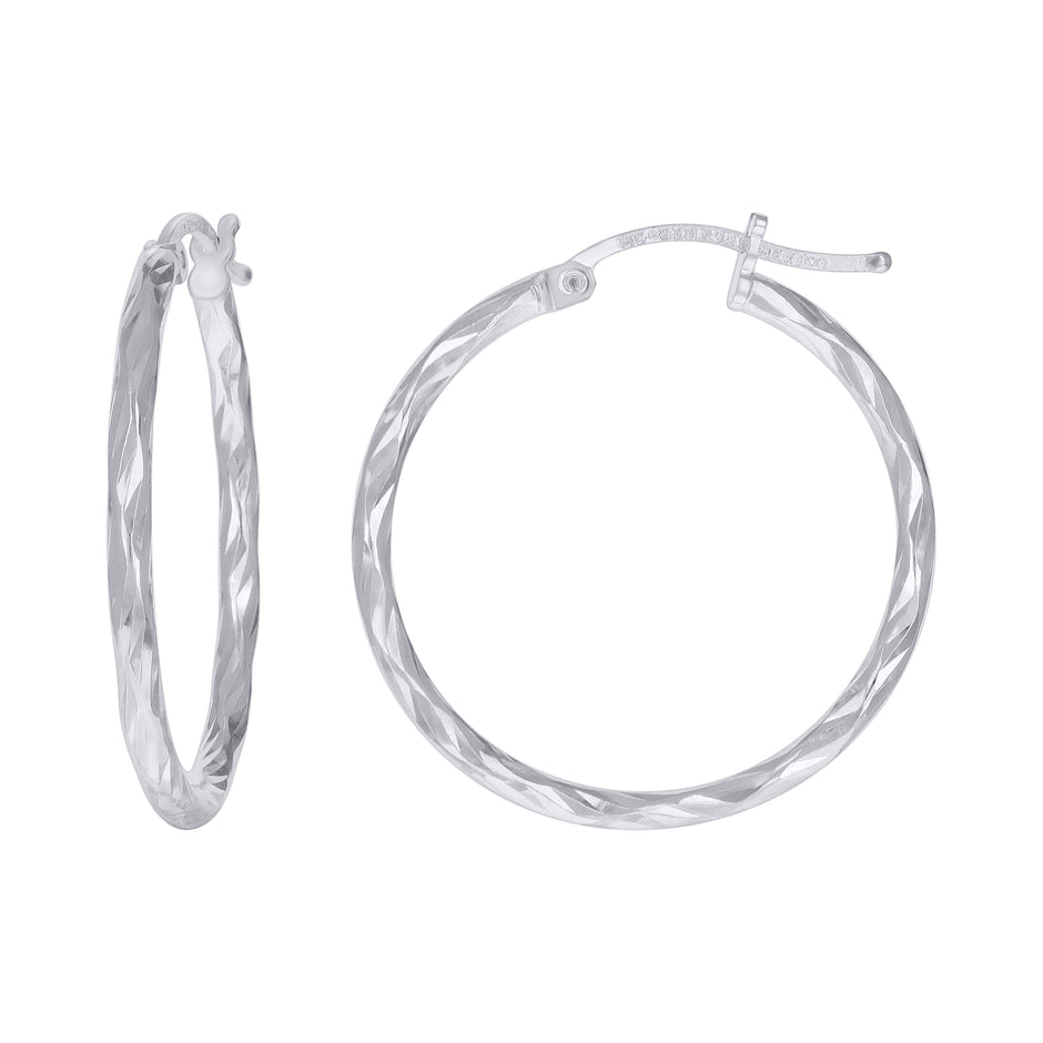 925 Sterling Silver Womens Diamond-cut 2mm x 12mm Hoop Earrings - SLV-120649