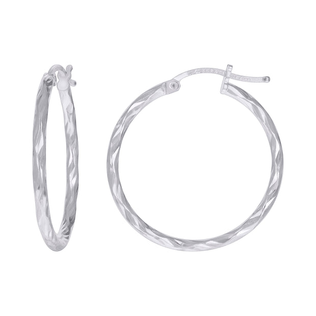 925 Sterling Silver Womens Diamond-cut 2mm x 12mm Hoop Earrings - SLV-120649