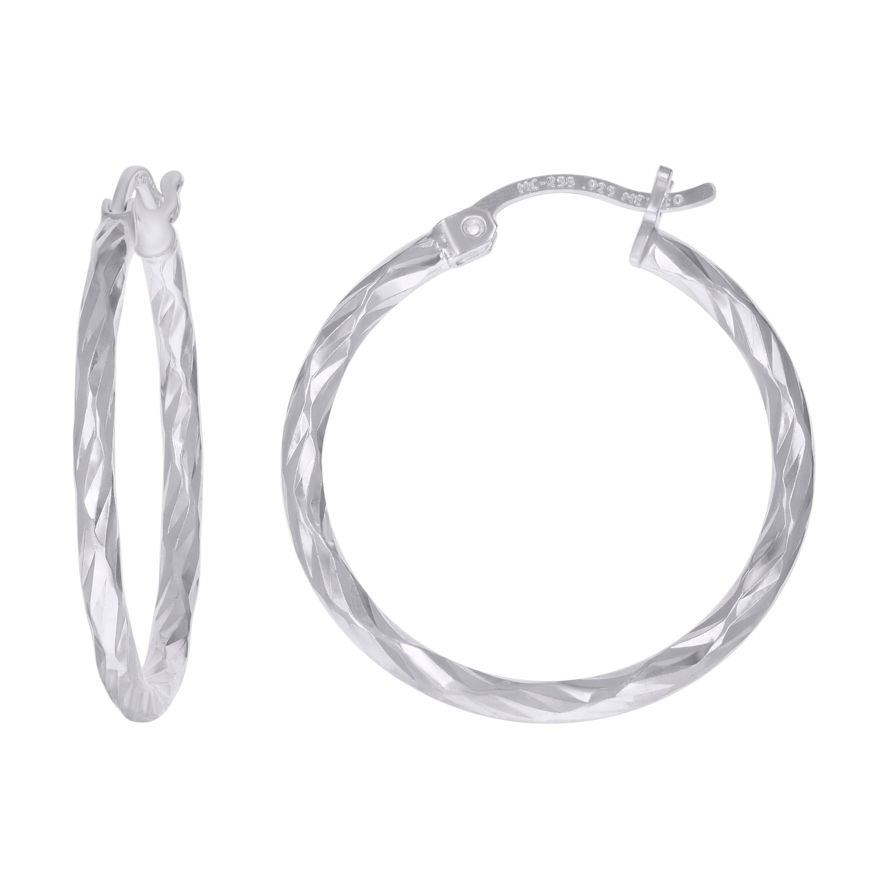 925 Sterling Silver Womens Diamond-cut 2mm x 20mm Hoop Earrings - SLV-120651