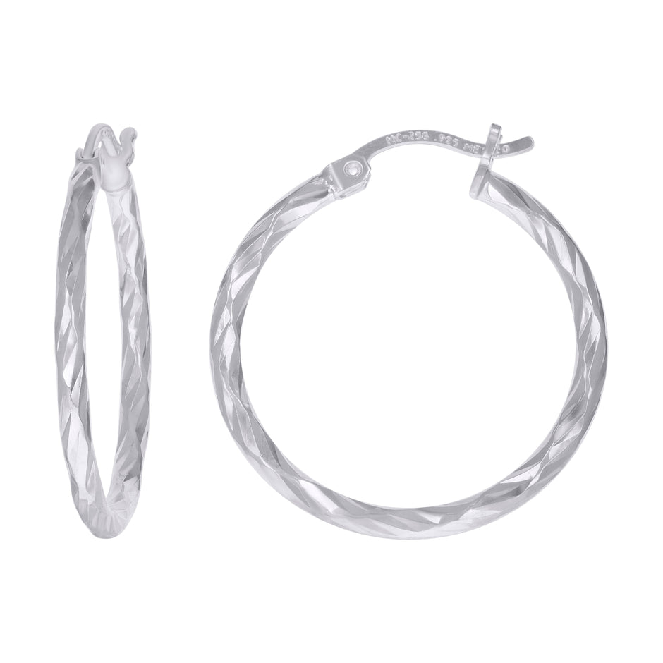 925 Sterling Silver Womens Diamond-cut 2mm x 20mm Hoop Earrings - SLV-120651