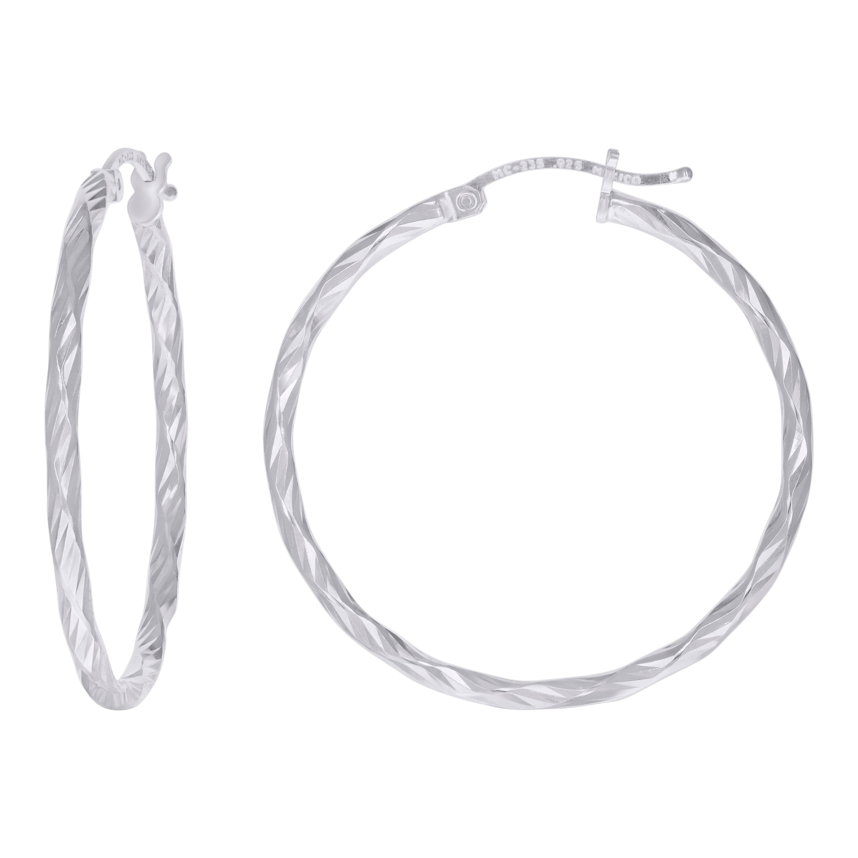 925 Sterling Silver Womens Diamond-cut 2mm x 30mm Hoop Earrings - SLV-120653