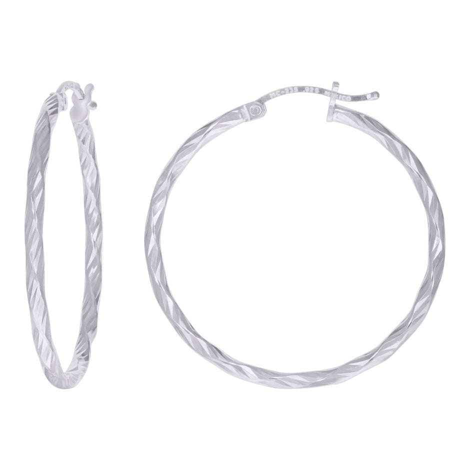 925 Sterling Silver Womens Diamond-cut 2mm x 30mm Hoop Earrings - SLV-120653