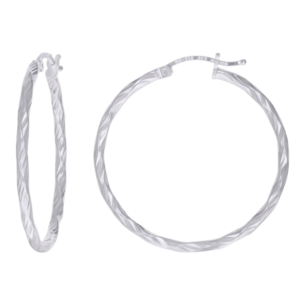 925 Sterling Silver Womens Diamond-cut 2mm x 30mm Hoop Earrings - SLV-120653