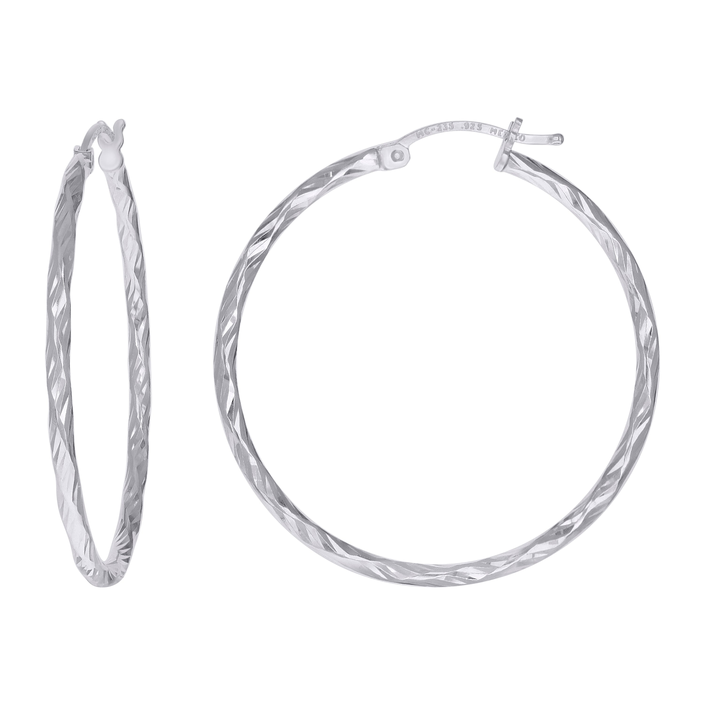 925 Sterling Silver Womens Diamond-cut 2mm x 35mm Hoop Earrings - SLV-120654