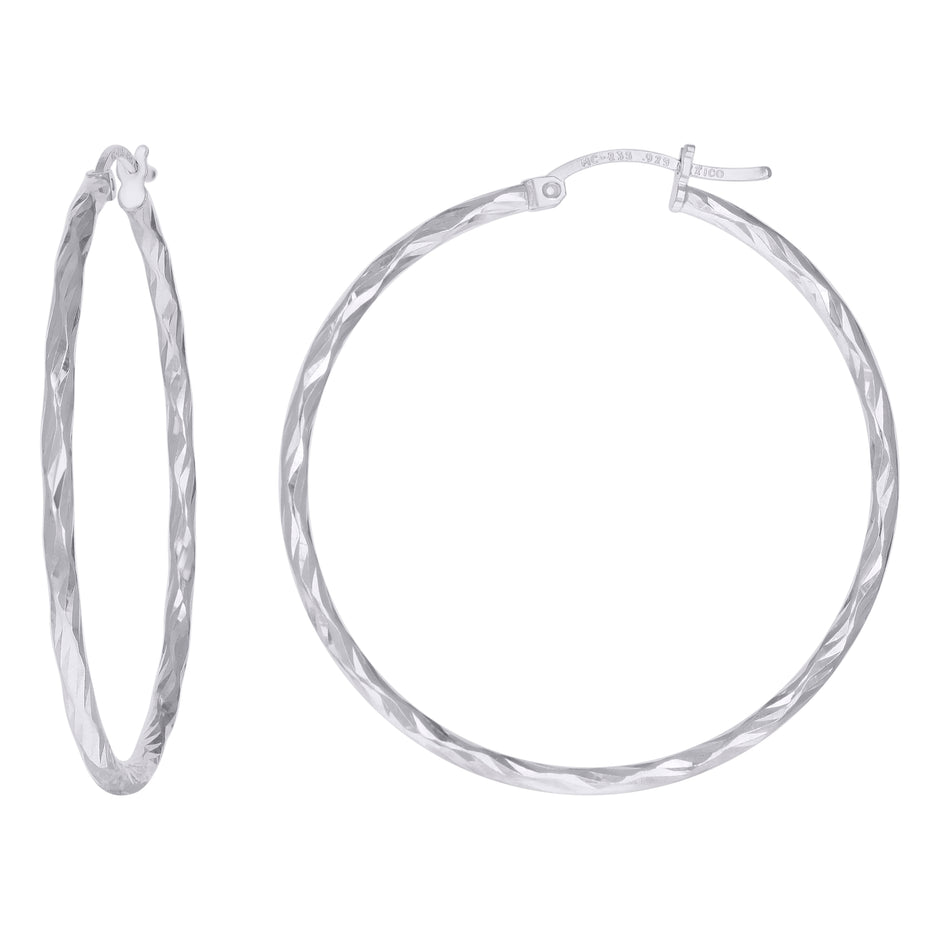 925 Sterling Silver Womens Diamond-cut 2mm x 40mm Hoop Earrings - SLV-120655