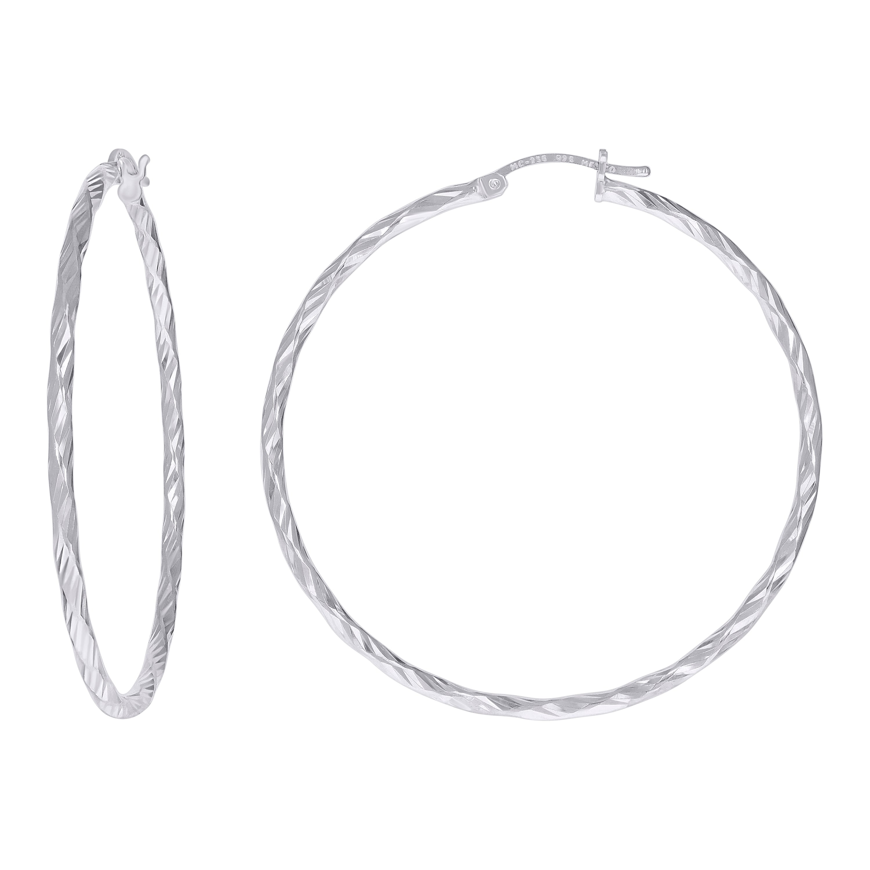 925 Sterling Silver Womens Diamond-cut 2mm x 45mm Hoop Earrings - SLV-120656