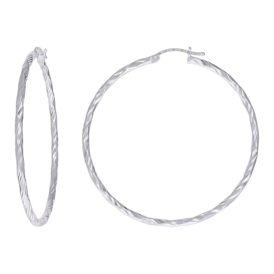 925 Sterling Silver Womens Diamond-cut 2mm x 45mm Hoop Earrings - SLV-120656