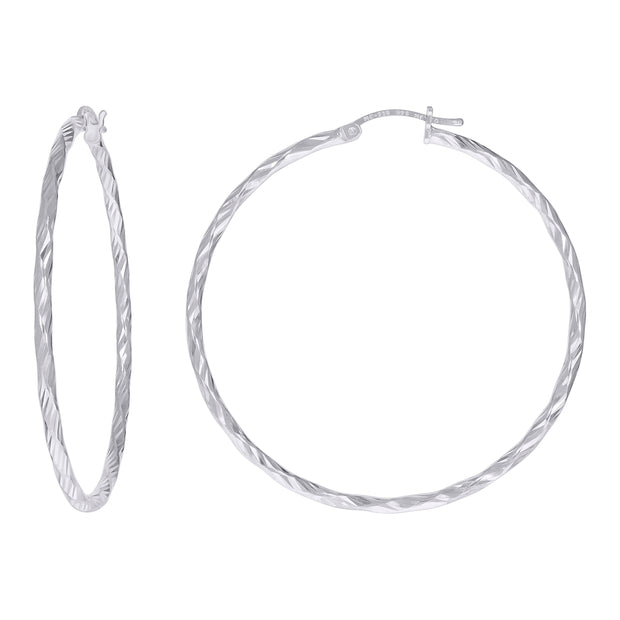 925 Sterling Silver Womens Diamond-cut 2mm x 45mm Hoop Earrings - SLV-120656